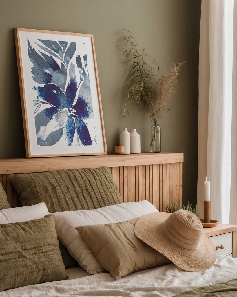 Beauty of Blue by Kristy Rice. shown as a paper print in a natural frame. Available as a archival giclee rolled canvas, fine art paper, or poster print. SKU 100913h.
