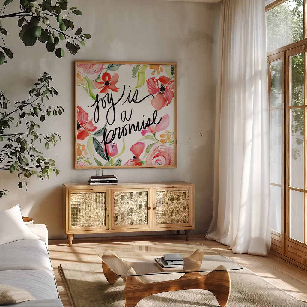 Bloom to Remember I by Kristy Rice. Shown in a natural wood frame in a cozy modern living room. Available as an archival giclee rolled canvas, fine art paper, or poster print. SKU 41898a.