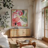 Bloom to Remember III by Kristy Rice. Shown in a natural wood frame in a cozy modern living room. Available as an archival giclee rolled canvas, fine art paper, or poster print. SKU 41900a.