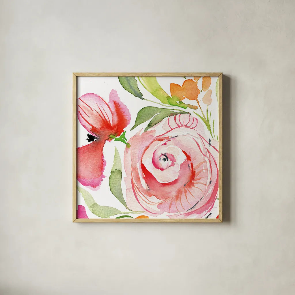 Bloom to Remember IV by Kristy Rice. Shown in a natural wood glass frame for a timeless modern aesthetic. Available as an archival giclee rolled canvas, fine art paper, or poster print. SKU 41901a.