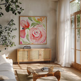 Bloom to Remember IV by Kristy Rice. Shown in a natural wood frame in a cozy modern living room. Available as an archival giclee rolled canvas, fine art paper, or poster print. SKU 41901a.