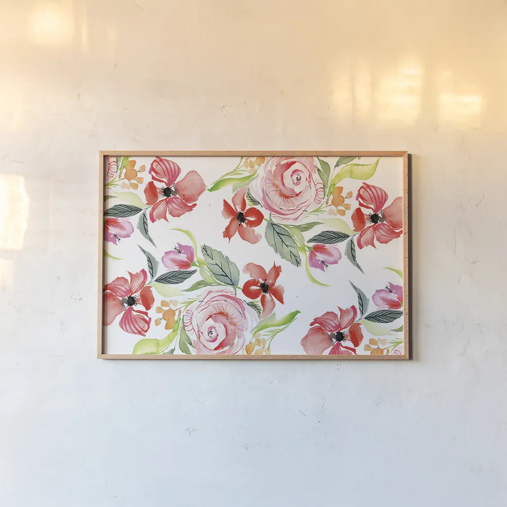 Bloom to Remember V by Kristy Rice. shown as a paper print in a natural frame. Available as a archival giclee rolled canvas, fine art paper, or poster print. SKU 41902i.