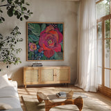 Blooming Boldly by Kristy Rice. Shown in a natural wood frame in a cozy modern living room. Available as an archival giclee rolled canvas, fine art paper, or poster print. SKU 99669a.