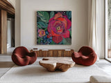 Blooming Boldly by Kristy Rice. Shown as extra-large giant wall art in a modern living room. Available as an archival giclee rolled canvas, fine art paper, or poster print. SKU 99669a.