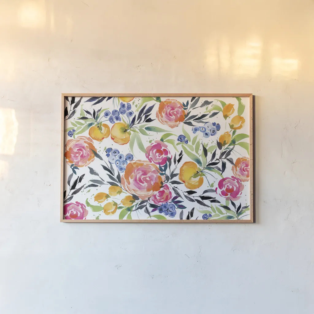 Blueberries Among Us by Kristy Rice. shown as a paper print in a natural frame. Available as a archival giclee rolled canvas, fine art paper, or poster print. SKU 35059i.