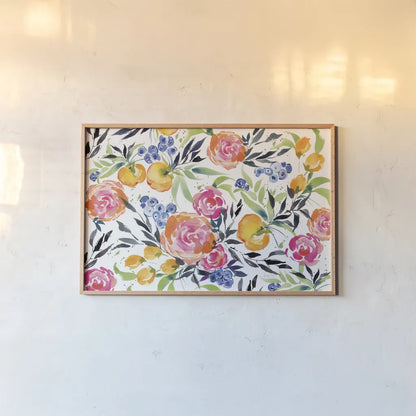 Blueberries Among Us by Kristy Rice. shown as a paper print in a natural frame. Available as a archival giclee rolled canvas, fine art paper, or poster print. SKU 35059i.