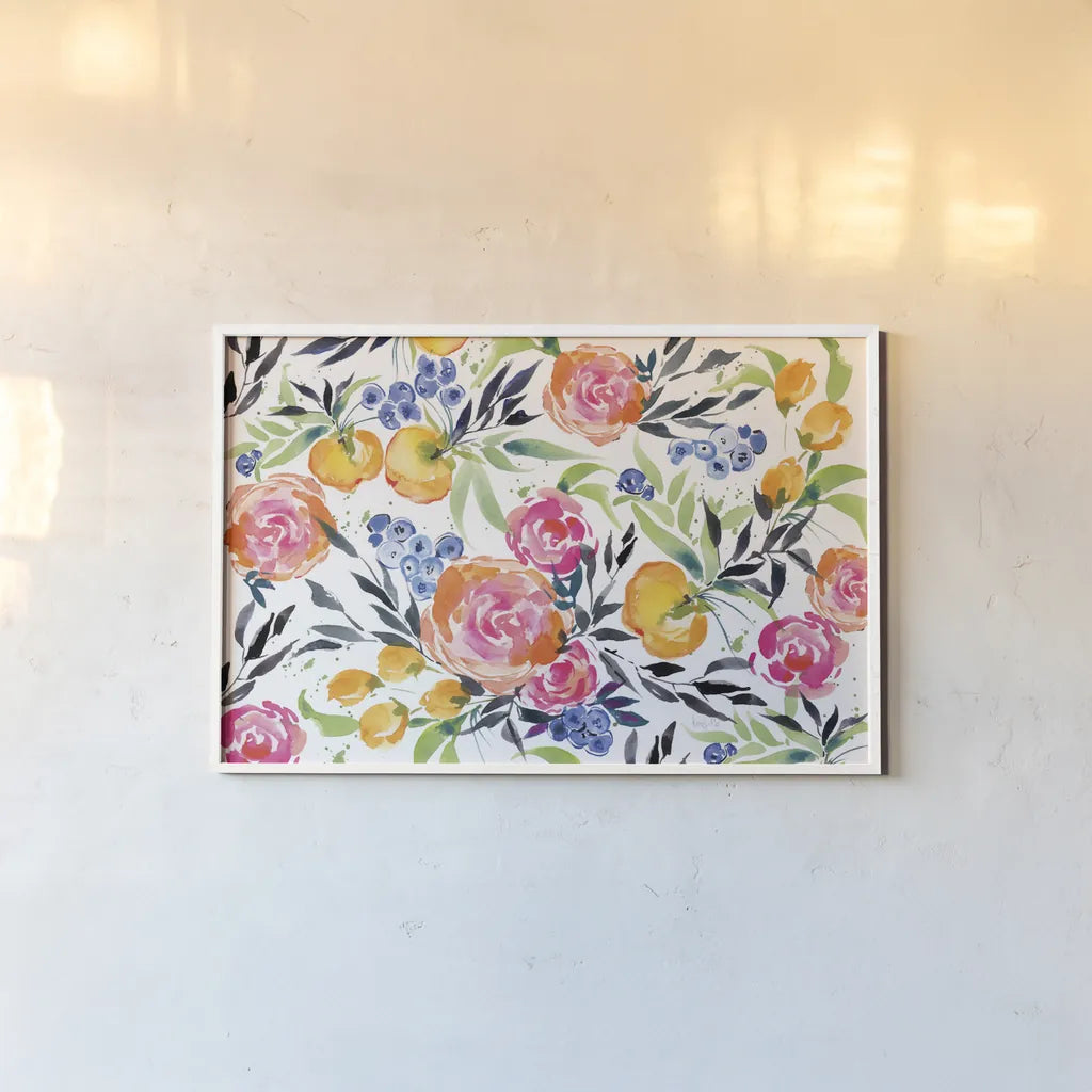 Blueberries Among Us by Kristy Rice. shown as a paper print in a white frame. Available as a archival giclee rolled canvas, fine art paper, or poster print. SKU 35059i.