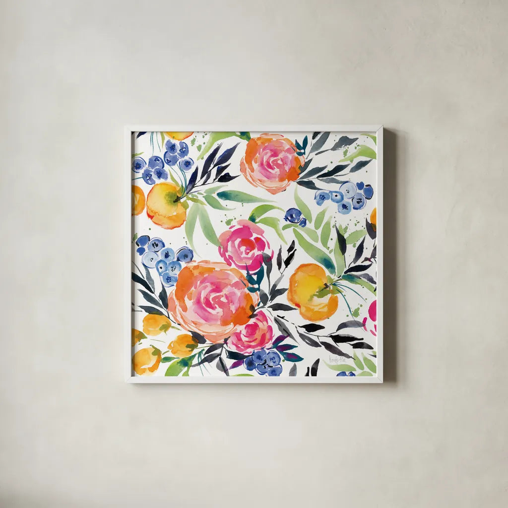 Blueberries Among Us Crop by Kristy Rice. Shown in a crisp white glass frame for a clean and minimalist style. Available as an archival giclee rolled canvas, fine art paper, or poster print. SKU 35059a.