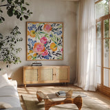 Blueberries Among Us Crop by Kristy Rice. Shown in a natural wood frame in a cozy modern living room. Available as an archival giclee rolled canvas, fine art paper, or poster print. SKU 35059a.