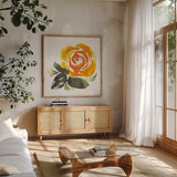 Bold Roses II by Kristy Rice. Shown in a natural wood frame in a cozy modern living room. Available as an archival giclee rolled canvas, fine art paper, or poster print. SKU 58112a.