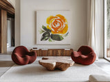 Bold Roses II by Kristy Rice. Shown as extra-large giant wall art in a modern living room. Available as an archival giclee rolled canvas, fine art paper, or poster print. SKU 58112a.