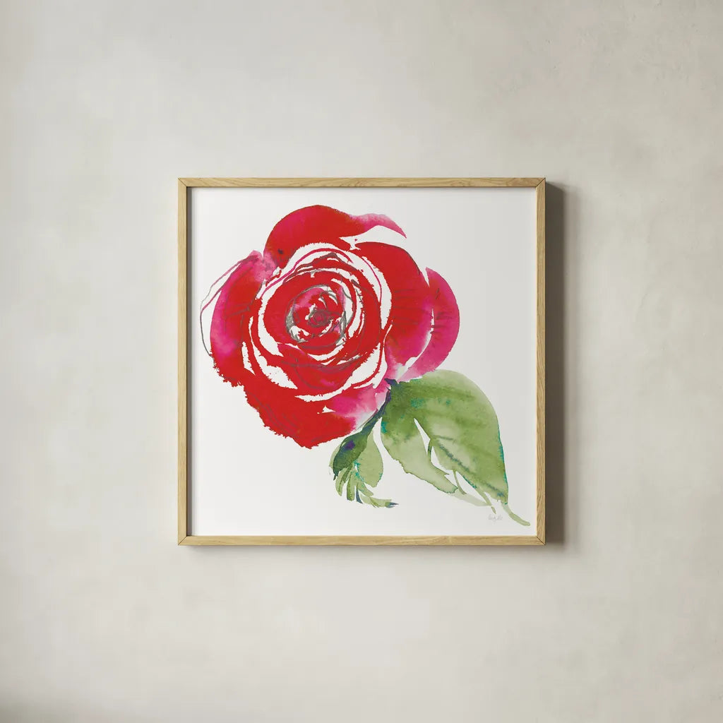 Bold Roses III by Kristy Rice. Shown in a natural wood glass frame for a timeless modern aesthetic. Available as an archival giclee rolled canvas, fine art paper, or poster print. SKU 58113a.