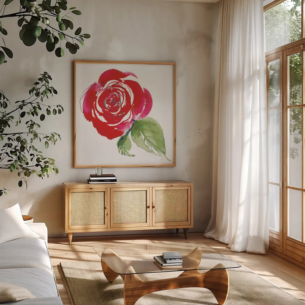 Bold Roses III by Kristy Rice. Shown in a natural wood frame in a cozy modern living room. Available as an archival giclee rolled canvas, fine art paper, or poster print. SKU 58113a.