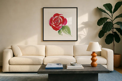 Bold Roses III by Kristy Rice. Displayed in a glass frame with matte in a clean modern living room. Available as an archival giclee rolled canvas, fine art paper, or poster print. SKU 58113a.