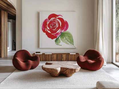 Bold Roses III by Kristy Rice. Shown as extra-large giant wall art in a modern living room. Available as an archival giclee rolled canvas, fine art paper, or poster print. SKU 58113a.