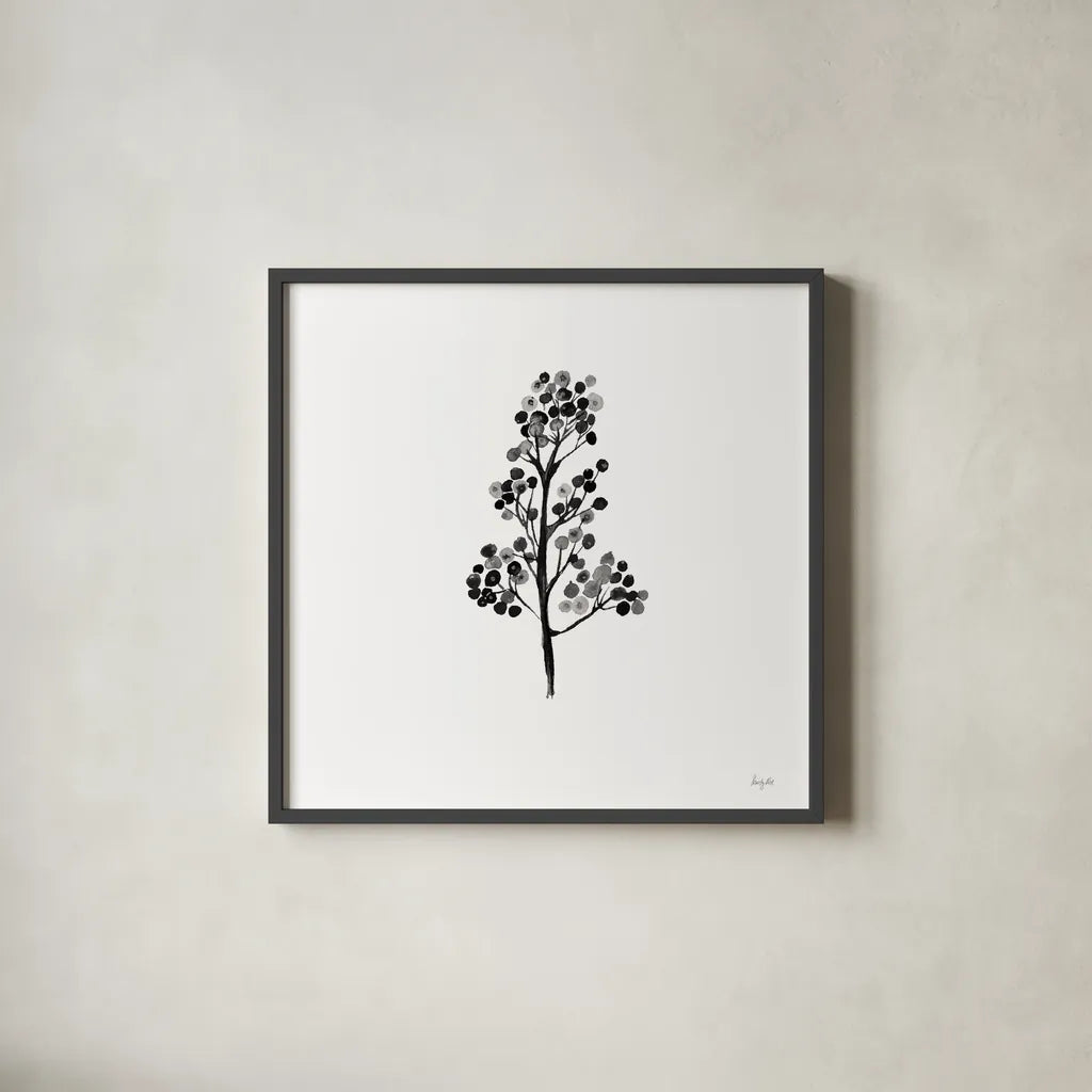 Botticelli Plant IV Black by Kristy Rice. Shown in a sleek black glass frame for a contemporary gallery look. Available as an archival giclee rolled canvas, fine art paper, or poster print. SKU 74411a.