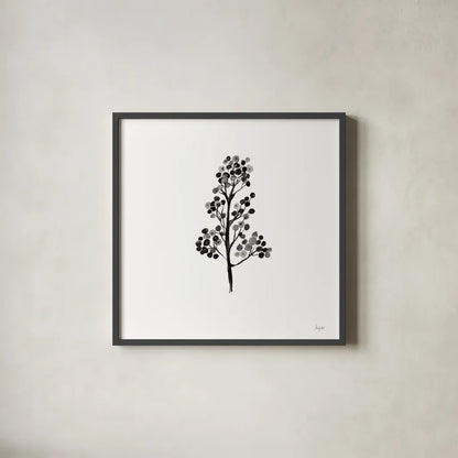 Botticelli Plant IV Black by Kristy Rice. Shown in a sleek black glass frame for a contemporary gallery look. Available as an archival giclee rolled canvas, fine art paper, or poster print. SKU 74411a.