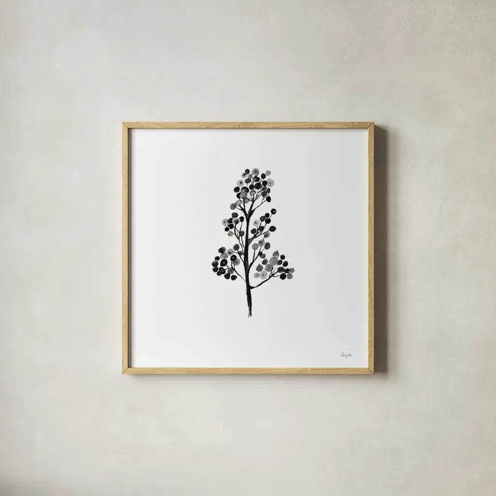 Botticelli Plant IV Black by Kristy Rice. Shown in a natural wood glass frame for a timeless modern aesthetic. Available as an archival giclee rolled canvas, fine art paper, or poster print. SKU 74411a.