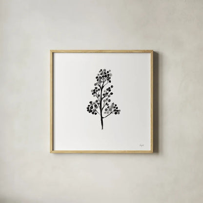 Botticelli Plant IV Black by Kristy Rice. Shown in a natural wood glass frame for a timeless modern aesthetic. Available as an archival giclee rolled canvas, fine art paper, or poster print. SKU 74411a.