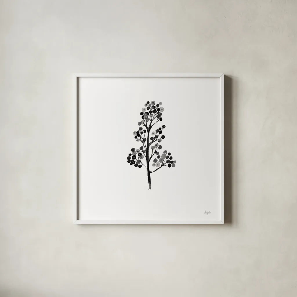Botticelli Plant IV Black by Kristy Rice. Shown in a crisp white glass frame for a clean and minimalist style. Available as an archival giclee rolled canvas, fine art paper, or poster print. SKU 74411a.