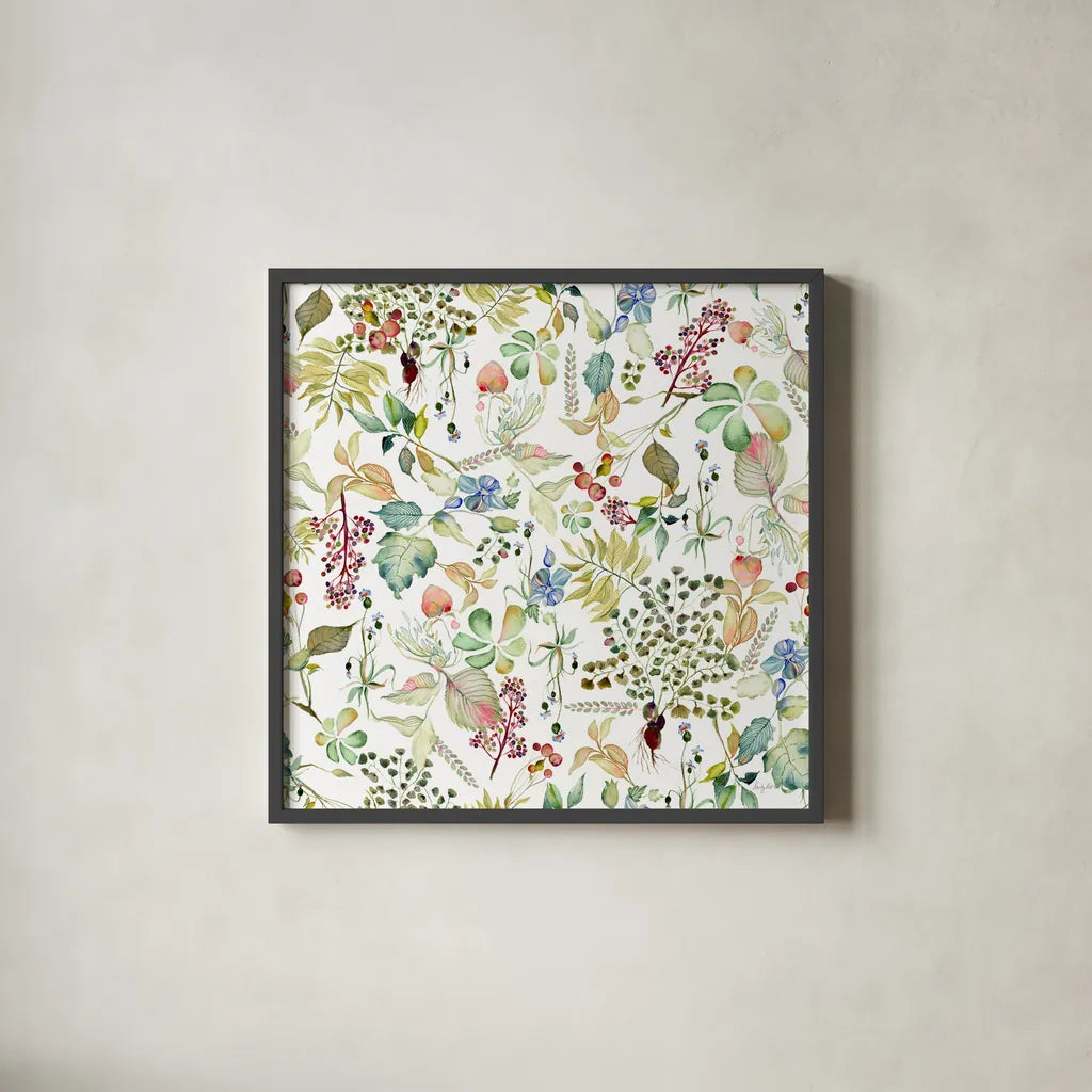 Botticelli Plants I by Kristy Rice. Shown in a sleek black glass frame for a contemporary gallery look. Available as an archival giclee rolled canvas, fine art paper, or poster print. SKU 54042a.