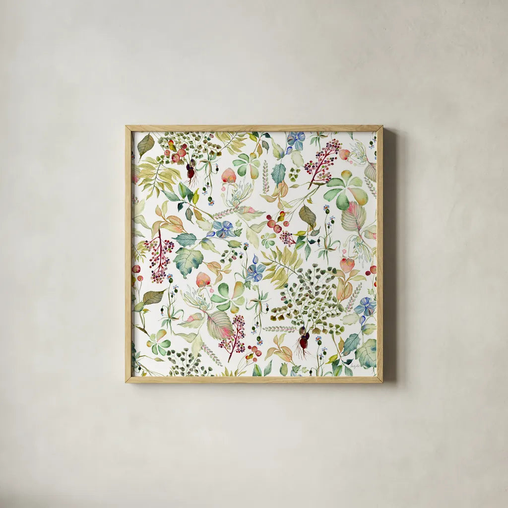 Botticelli Plants I by Kristy Rice. Shown in a natural wood glass frame for a timeless modern aesthetic. Available as an archival giclee rolled canvas, fine art paper, or poster print. SKU 54042a.