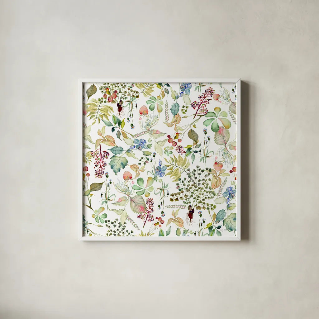 Botticelli Plants I by Kristy Rice. Shown in a crisp white glass frame for a clean and minimalist style. Available as an archival giclee rolled canvas, fine art paper, or poster print. SKU 54042a.