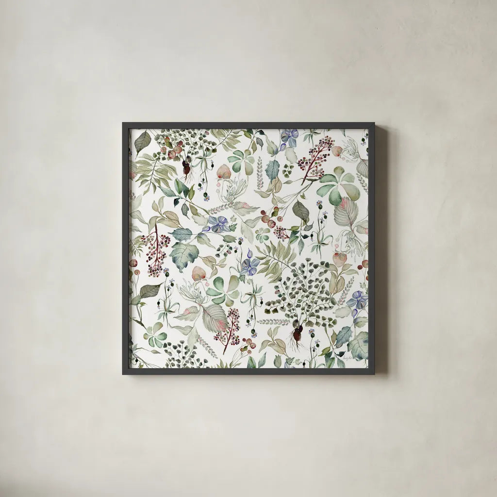 Botticelli Plants I Light by Kristy Rice. Shown in a sleek black glass frame for a contemporary gallery look. Available as an archival giclee rolled canvas, fine art paper, or poster print. SKU 71489a.