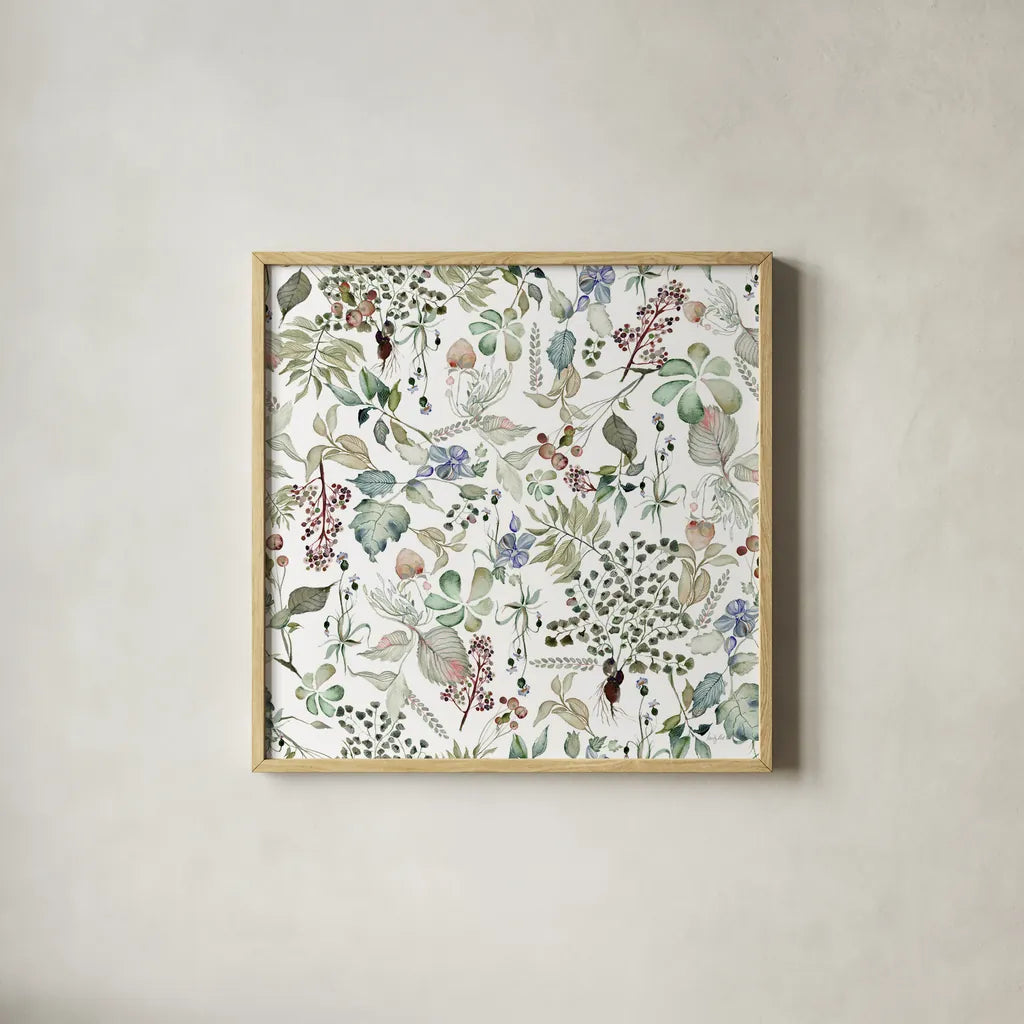 Botticelli Plants I Light by Kristy Rice. Shown in a natural wood glass frame for a timeless modern aesthetic. Available as an archival giclee rolled canvas, fine art paper, or poster print. SKU 71489a.