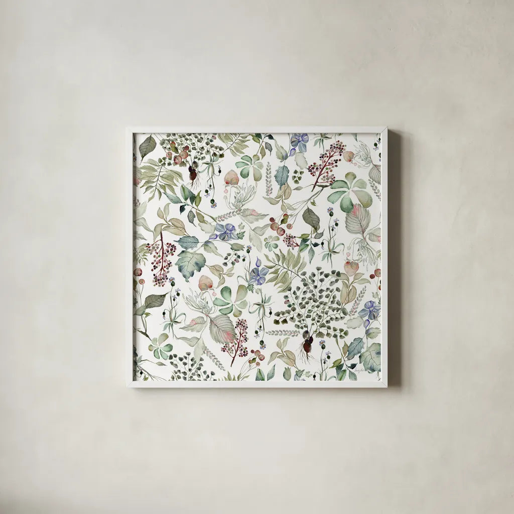 Botticelli Plants I Light by Kristy Rice. Shown in a crisp white glass frame for a clean and minimalist style. Available as an archival giclee rolled canvas, fine art paper, or poster print. SKU 71489a.