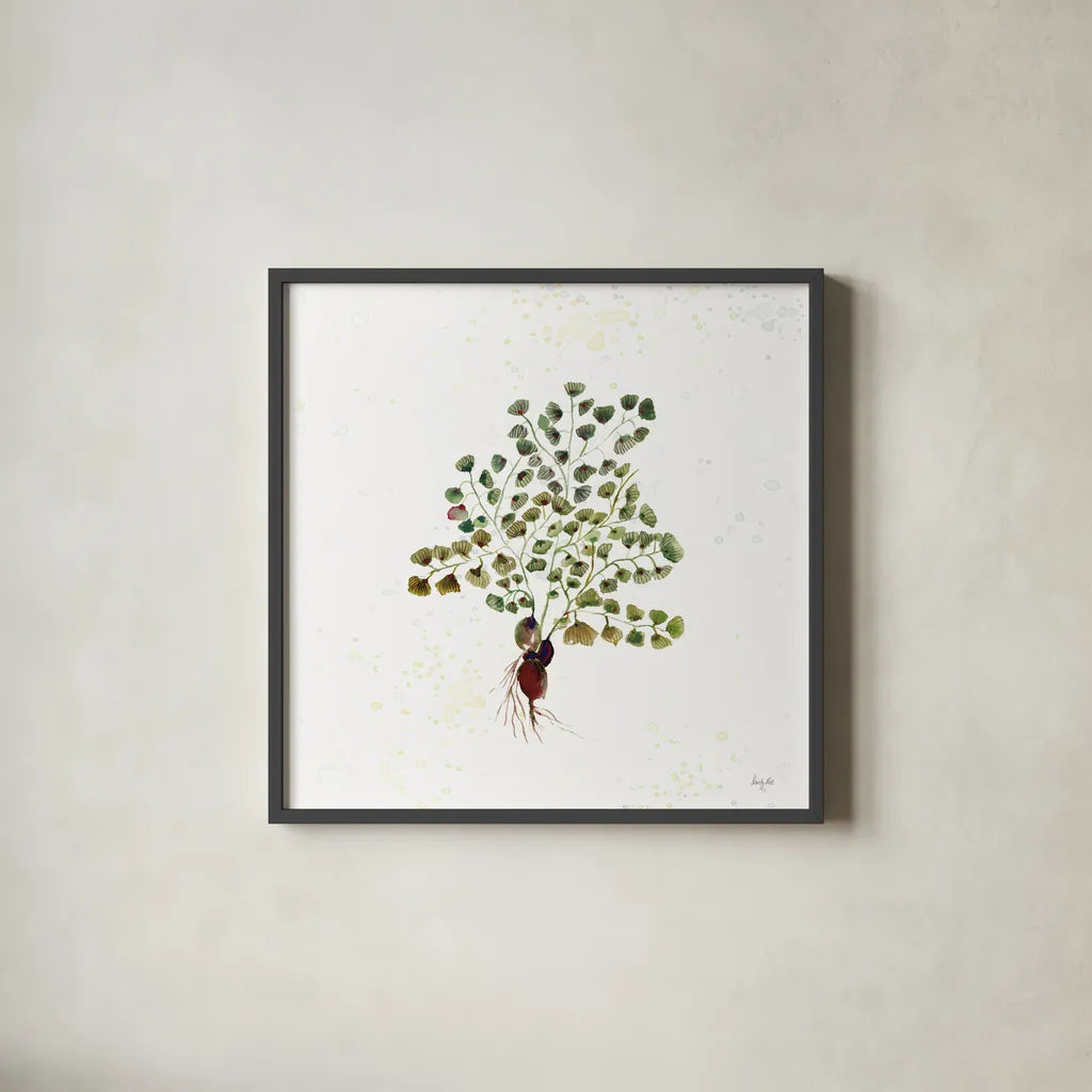 Botticelli Plants II by Kristy Rice. Shown in a sleek black glass frame for a contemporary gallery look. Available as an archival giclee rolled canvas, fine art paper, or poster print. SKU 54043a.