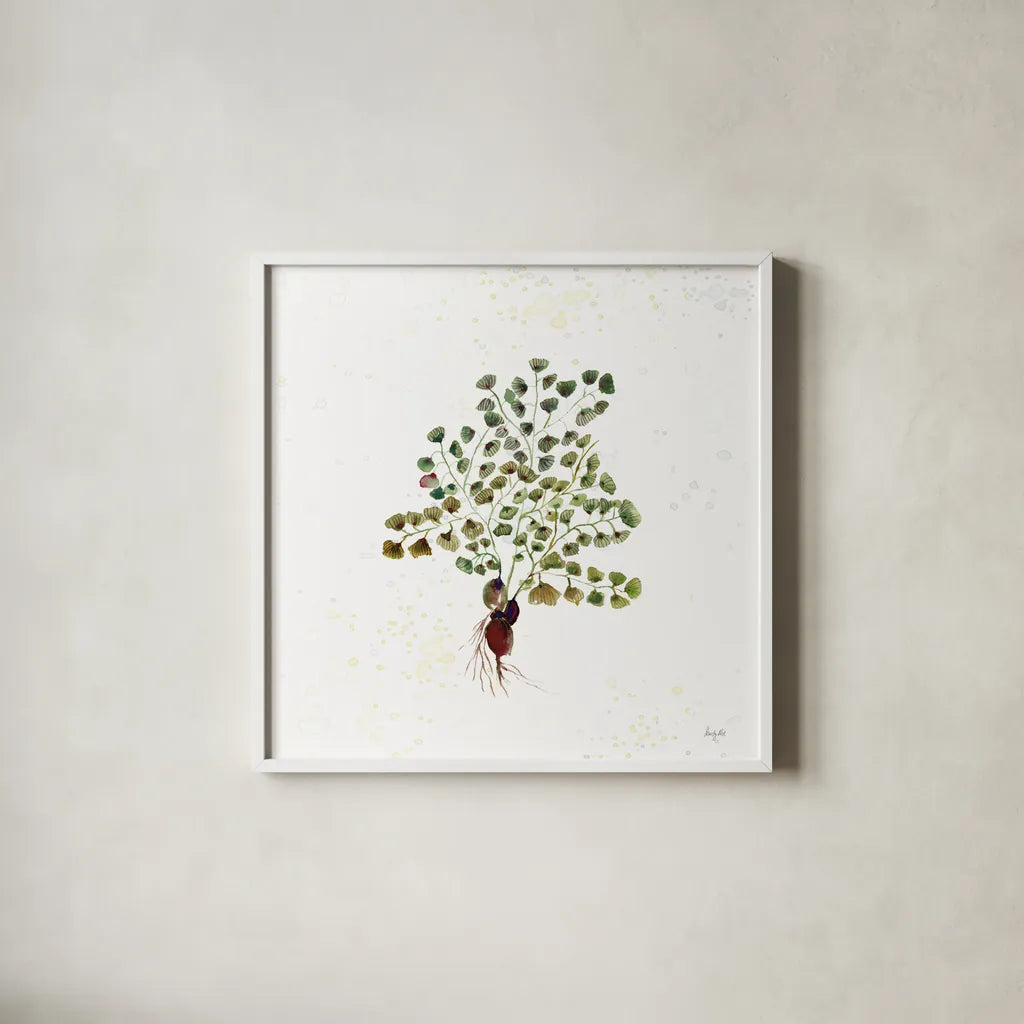 Botticelli Plants II by Kristy Rice. Shown in a crisp white glass frame for a clean and minimalist style. Available as an archival giclee rolled canvas, fine art paper, or poster print. SKU 54043a.
