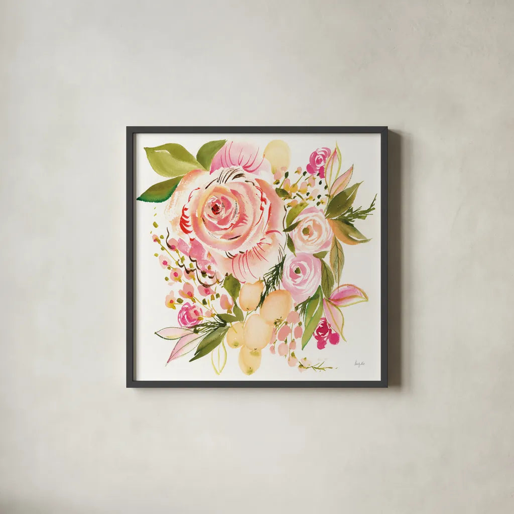 Bridal Bouquet by Kristy Rice. Shown in a sleek black glass frame for a contemporary gallery look. Available as an archival giclee rolled canvas, fine art paper, or poster print. SKU 93990a.