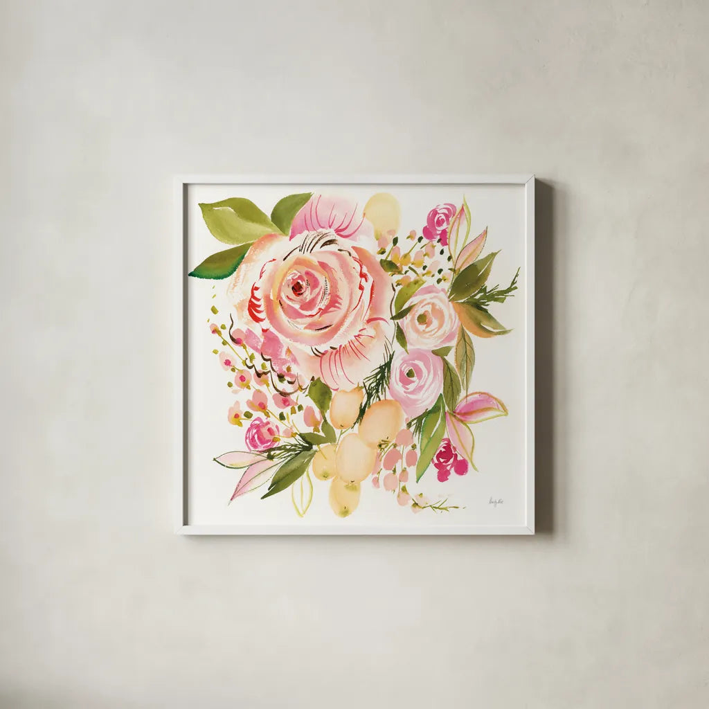 Bridal Bouquet by Kristy Rice. Shown in a crisp white glass frame for a clean and minimalist style. Available as an archival giclee rolled canvas, fine art paper, or poster print. SKU 93990a.