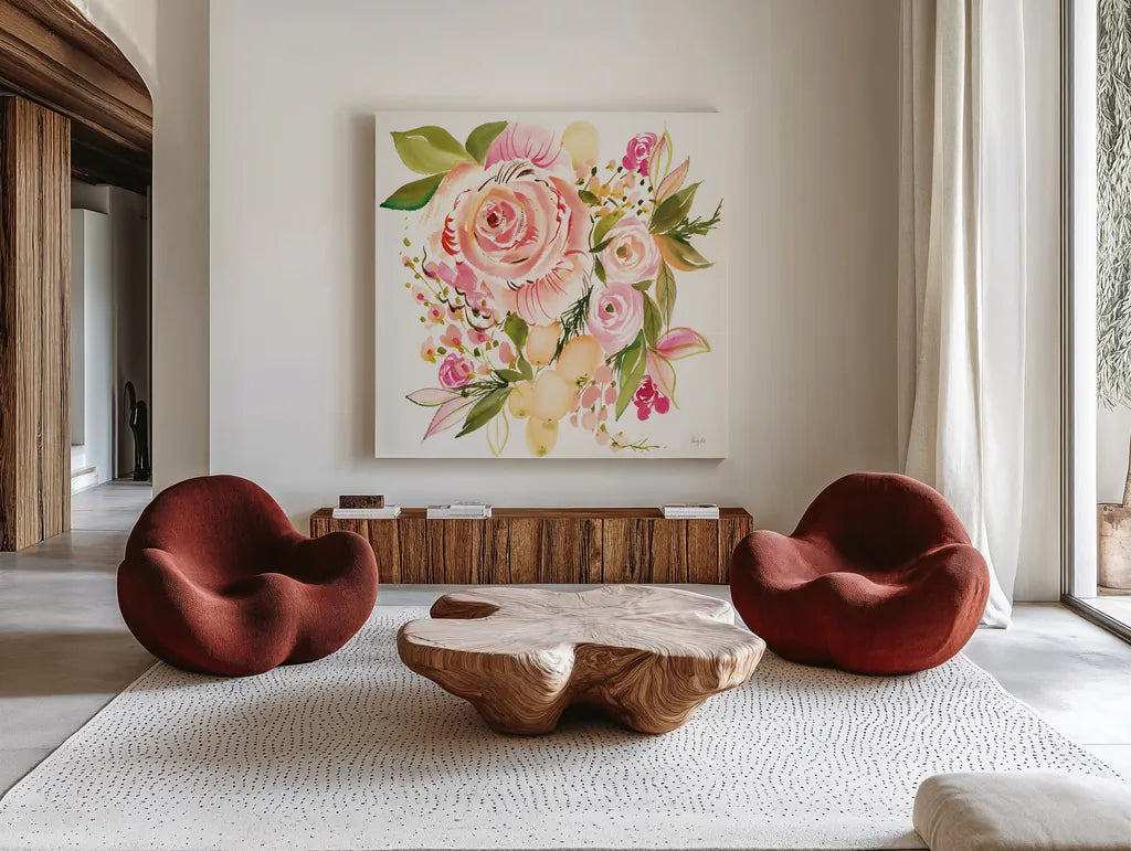 Bridal Bouquet by Kristy Rice. Shown as extra-large giant wall art in a modern living room. Available as an archival giclee rolled canvas, fine art paper, or poster print. SKU 93990a.