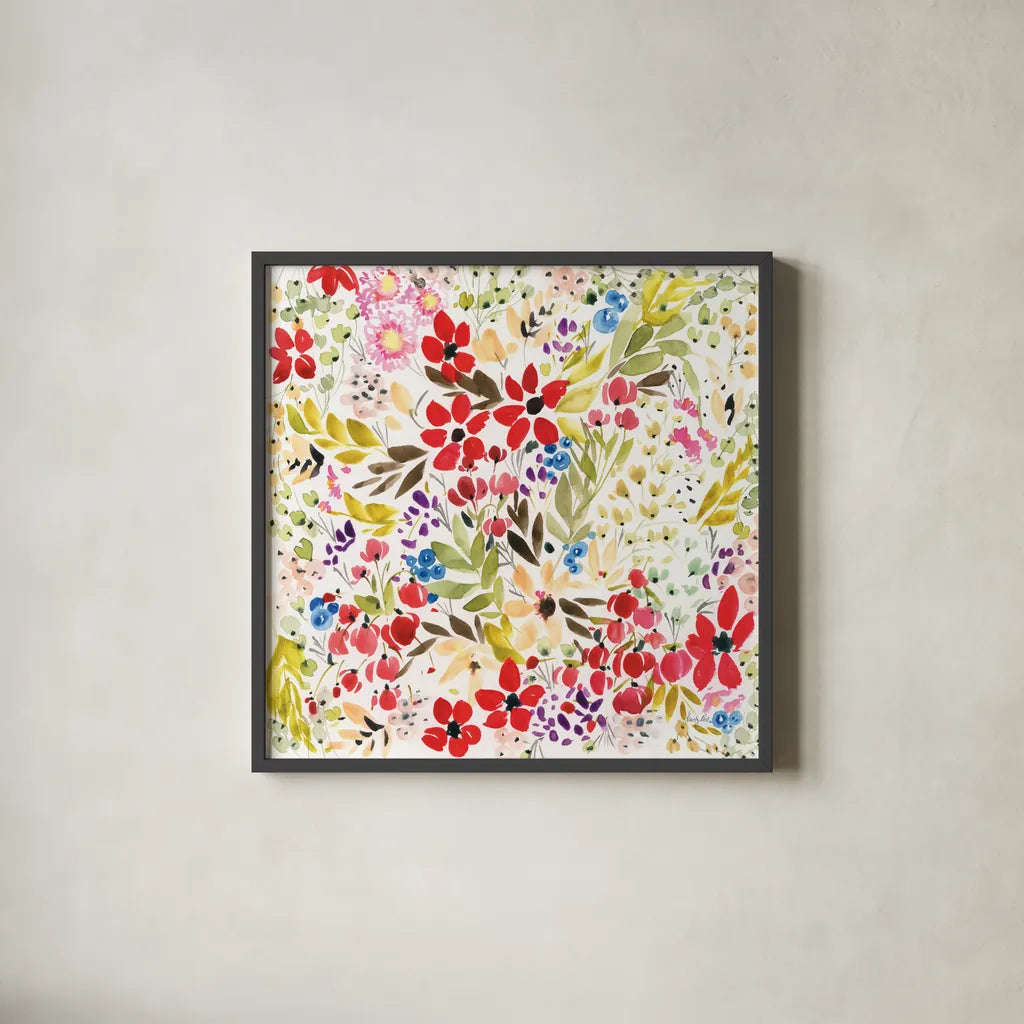 Bright Garden by Kristy Rice. Shown in a sleek black glass frame for a contemporary gallery look. Available as an archival giclee rolled canvas, fine art paper, or poster print. SKU 88611a.