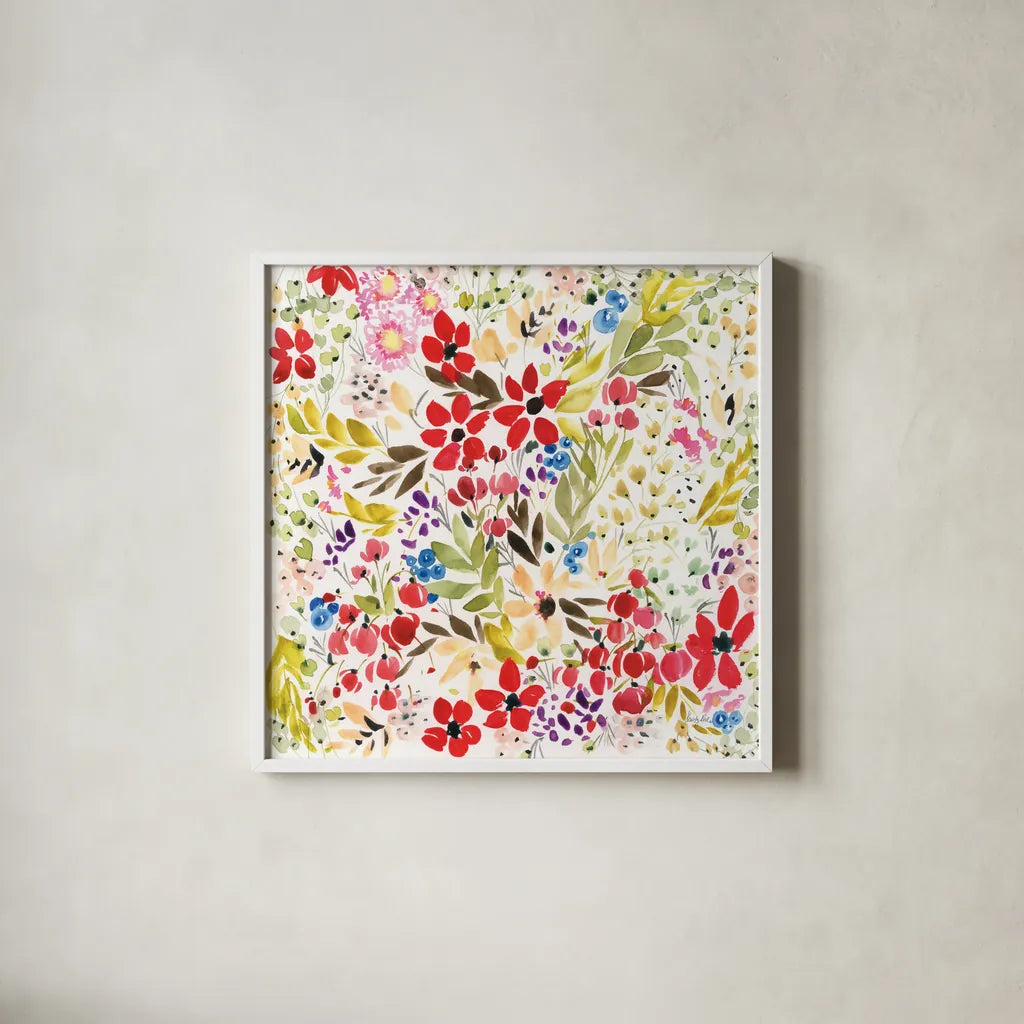 Bright Garden by Kristy Rice. Shown in a crisp white glass frame for a clean and minimalist style. Available as an archival giclee rolled canvas, fine art paper, or poster print. SKU 88611a.