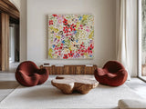 Bright Garden by Kristy Rice. Shown as extra-large giant wall art in a modern living room. Available as an archival giclee rolled canvas, fine art paper, or poster print. SKU 88611a.