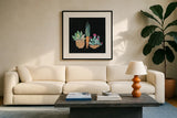Cactus Party I by Kristy Rice. Displayed in a glass frame with matte in a clean modern living room. Available as an archival giclee rolled canvas, fine art paper, or poster print. SKU 98937a.