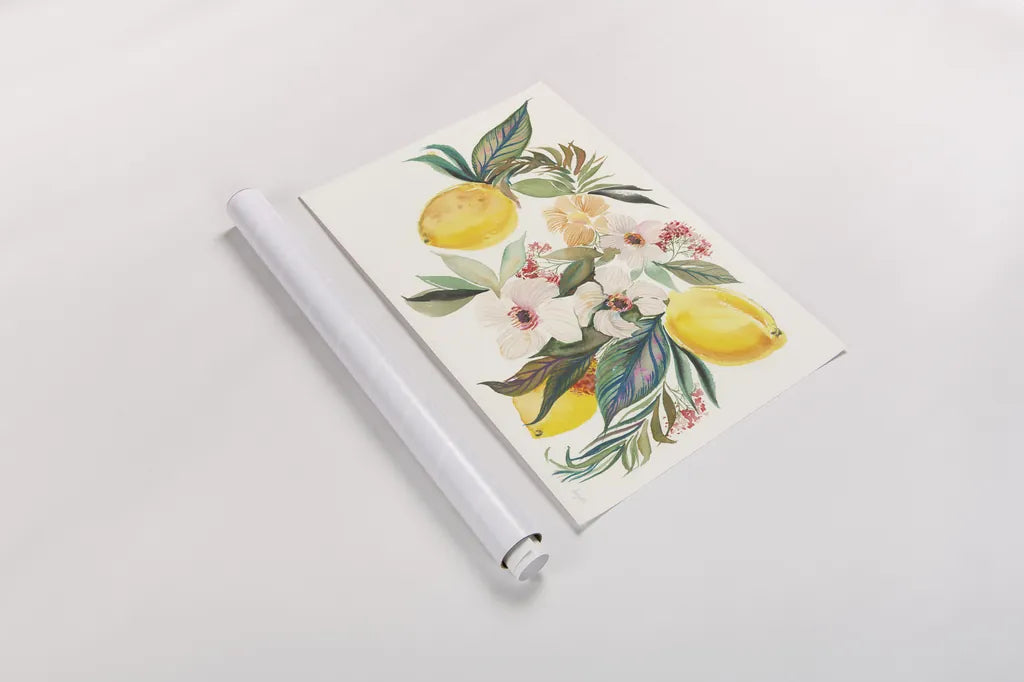 Citrus Summer I by Kristy Rice. shown as a rolled paper print. Available as archival giclee rolled canvas, fine art paper, or poster print. SKU 58102i.