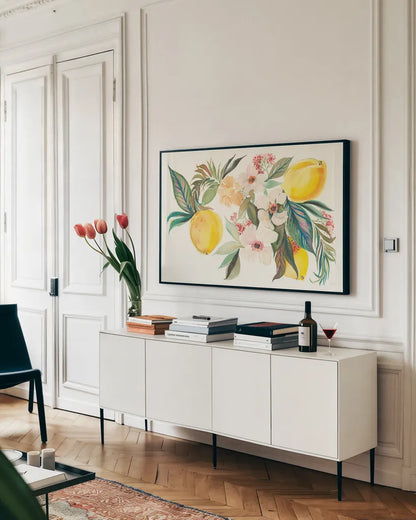 Citrus Summer I by Kristy Rice. shown as a framed stretched canvas in a living room above a console. Available as a archival giclee rolled canvas, fine art paper, or poster print. SKU 58102i.