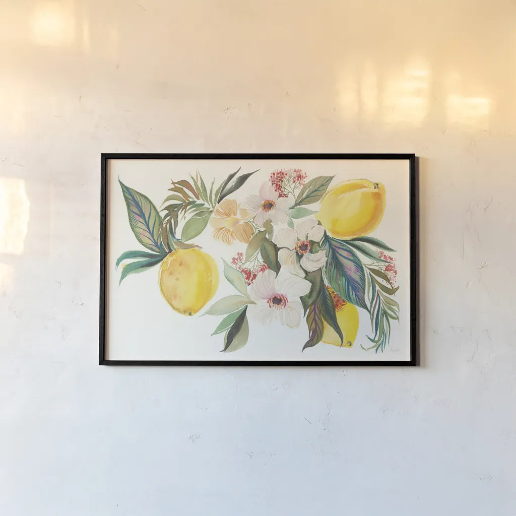 Citrus Summer I by Kristy Rice. shown as a paper print in a black flame. Available as a archival giclee rolled canvas, fine art paper, or poster print. SKU 58102i.