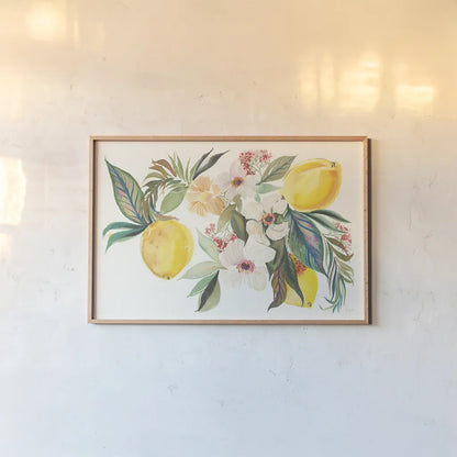 Citrus Summer I by Kristy Rice. shown as a paper print in a natural frame. Available as a archival giclee rolled canvas, fine art paper, or poster print. SKU 58102i.