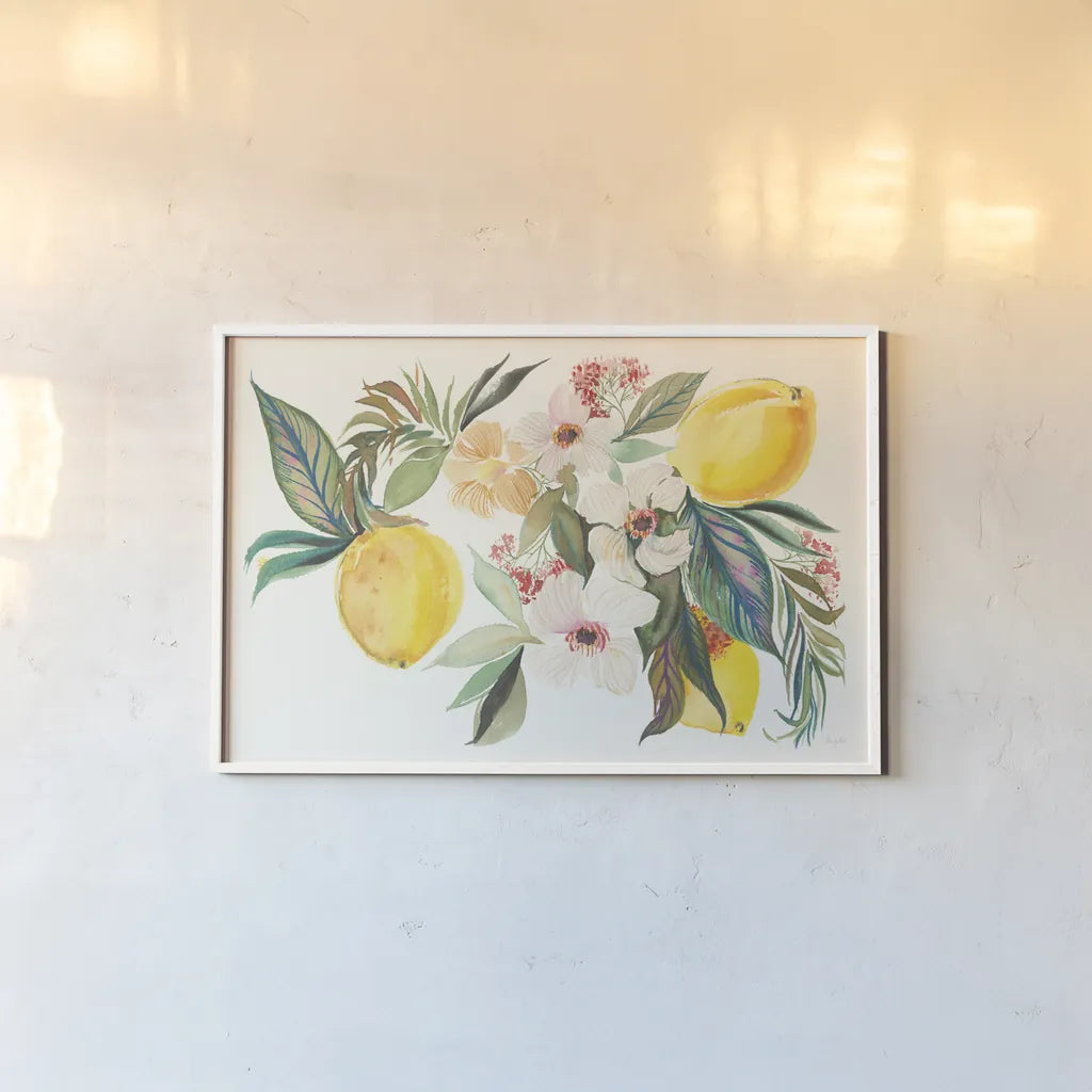 Citrus Summer I by Kristy Rice. shown as a paper print in a white frame. Available as a archival giclee rolled canvas, fine art paper, or poster print. SKU 58102i.