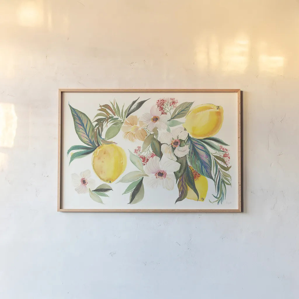 Citrus Summer I v2 by Kristy Rice. shown as a paper print in a natural frame. Available as a archival giclee rolled canvas, fine art paper, or poster print. SKU 61453i.