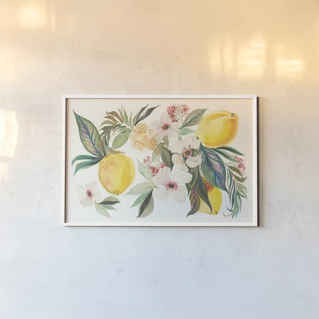 Citrus Summer I v2 by Kristy Rice. shown as a paper print in a white frame. Available as a archival giclee rolled canvas, fine art paper, or poster print. SKU 61453i.