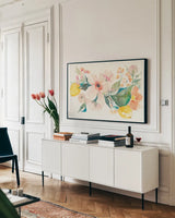 Citrus Summer II by Kristy Rice. shown as a framed stretched canvas in a living room above a console. Available as a archival giclee rolled canvas, fine art paper, or poster print. SKU 58103i.
