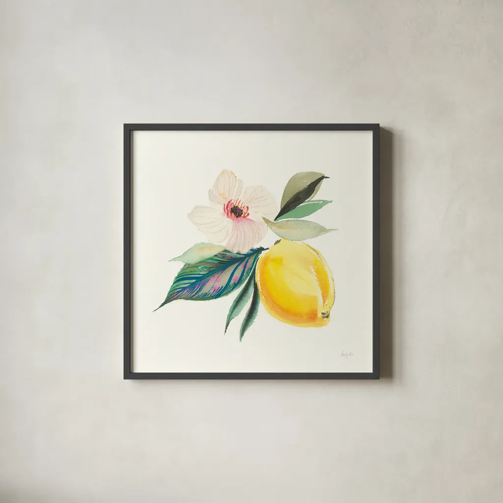 Citrus Summer III by Kristy Rice. Shown in a sleek black glass frame for a contemporary gallery look. Available as an archival giclee rolled canvas, fine art paper, or poster print. SKU 58104a.