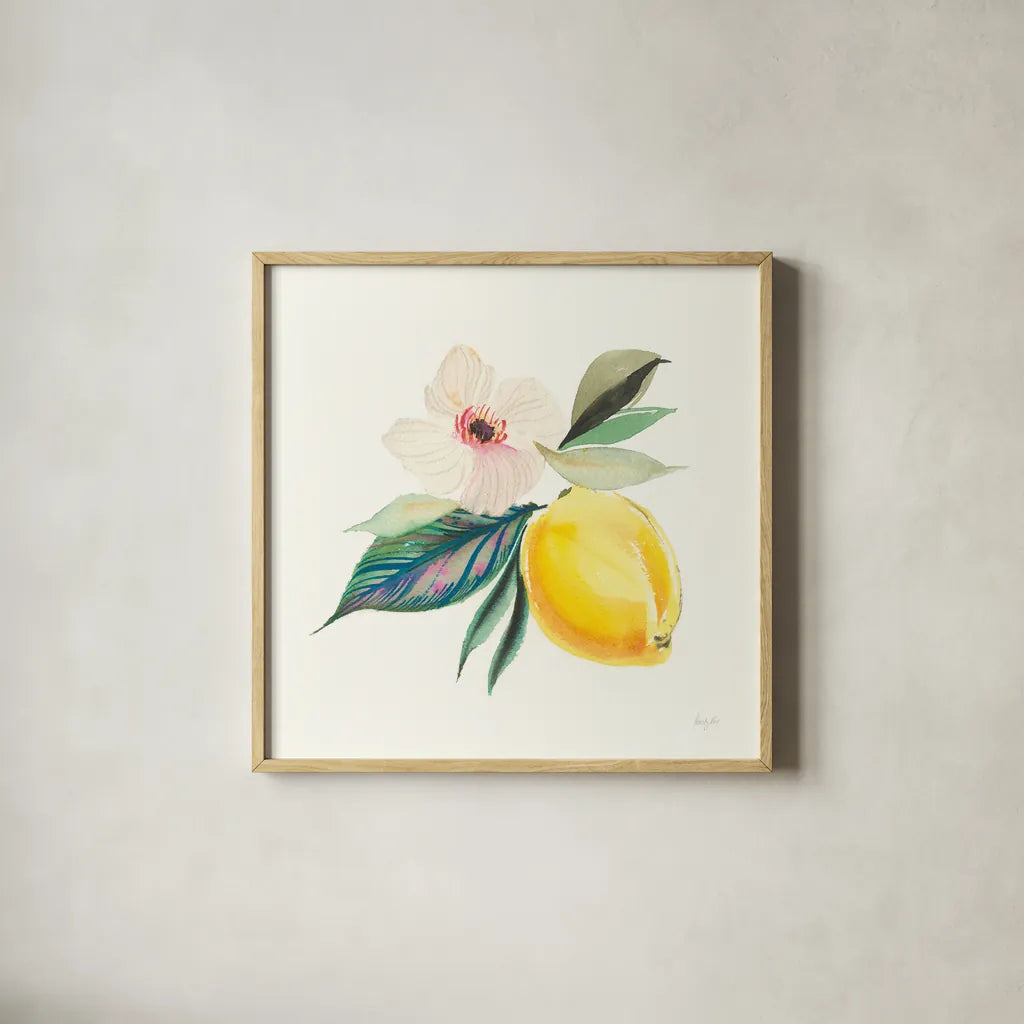 Citrus Summer III by Kristy Rice. Shown in a natural wood glass frame for a timeless modern aesthetic. Available as an archival giclee rolled canvas, fine art paper, or poster print. SKU 58104a.