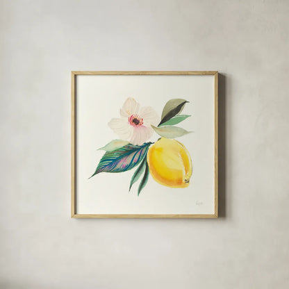 Citrus Summer III by Kristy Rice. Shown in a natural wood glass frame for a timeless modern aesthetic. Available as an archival giclee rolled canvas, fine art paper, or poster print. SKU 58104a.
